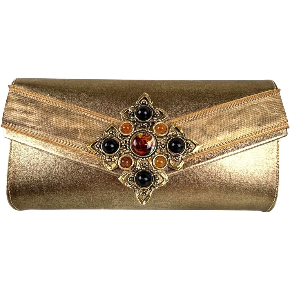 Vintage Nina Arjani Leatherock Bronze Metallic Evening Clutch Jewel Bag 90s